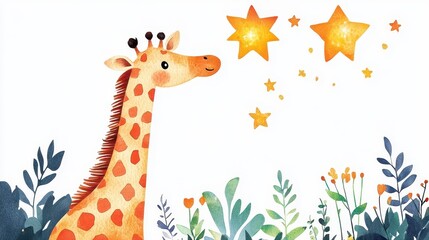 Fototapeta premium Sweet watercolor giraffe with a curious expression, stretching up high to touch a glowing star, soft dreamy tones, isolated on white 