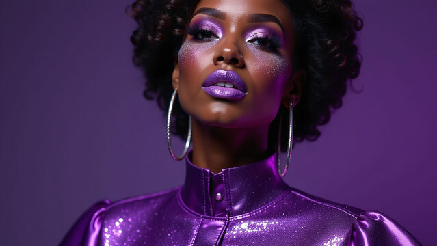 black model rocks stunning violet outfit glitter makeup dramatic background high fashion photo