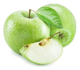 Green apples with leaf and piece of apple isolated on white background. File contains clipping path.