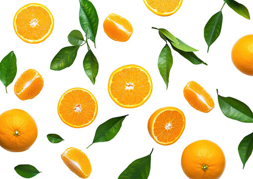 Fresh orange slices and leaves scattered on transparent background