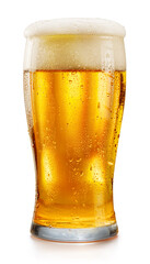 Glass of chilled light beer with beer foam head isolated on white background. Clipping path.