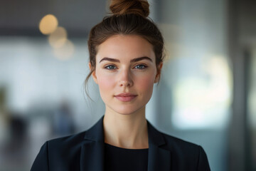 Obraz premium A confident young woman in a professional black blazer stands in a modern office environment, with soft bokeh lighting enhancing the background ambiance