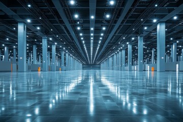 Large, empty exhibition hall with bright lighting and polished floor at a convention center