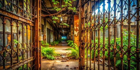 Rusty security gates guard a decaying shop, a forgotten retail space, now a haven for urban exploration and grunge photography.