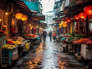 A Narrow Street Market in Asia, with Lanterns and Fresh Produce