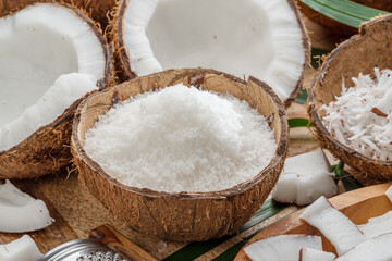 Fresh opened coconuts along with coconut slices, flakes and coconut leaves on a wooden table.