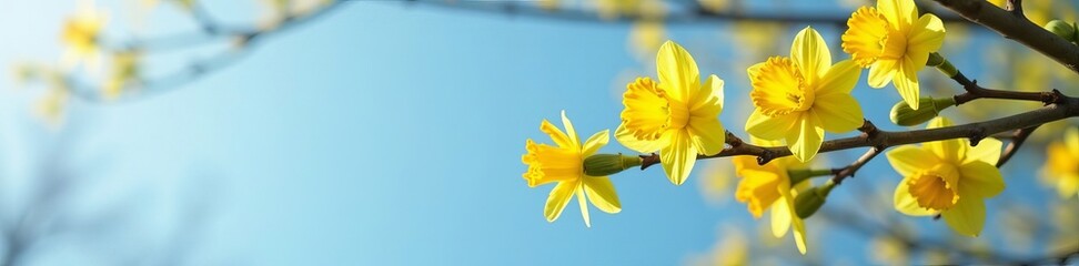 Obraz premium Vibrant yellow daffodils in full bloom on a tree branch against a blue sky backdrop, bloom, flowers, tree