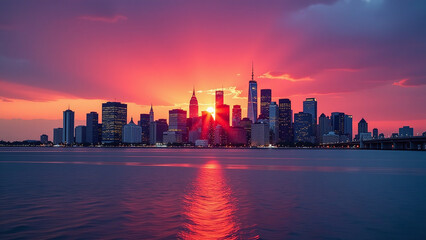 Obraz premium city skyline sunset visually stunning viewed low angle