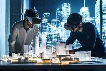 Two architects wearing vr headsets are interacting with a luminous scale model of a city skyline at night, exploring innovative urban planning and design solutions