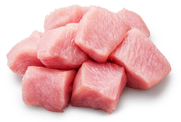 Pile of raw turkey meat pieces isolated on white. File contains clipping path.