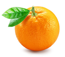 Orange ripe fruit with green leaves white background. File contains clipping path.