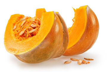 Orange round pumpkin slices and spumpkin seeds isolated on white background.