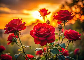 Obraz premium Silhouetted red roses bloom, a captivating garden bathed in enchanting light.