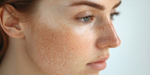 Close-up of a woman's face highlighting fine pores and freckles with light magnification.