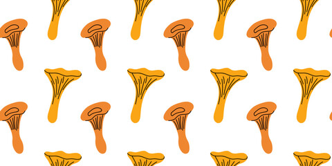 Colorful pattern featuring stylized chanterelle mushrooms on a white background, perfect for fabric or wallpaper design inspiration