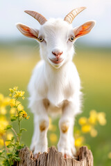 Fototapeta premium In a vibrant farmyard under the warm sun, a playful goat stands on a tree stump, its curious gaze and lively demeanor capturing the essence of rural life and joy