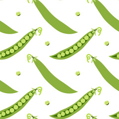 Green peas pattern design featuring peas in pods and scattered peas on a white background ideal for textiles or decorative use