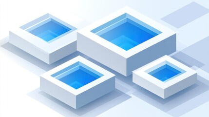 Abstract isometric illustration of white cubes with blue liquid inside.