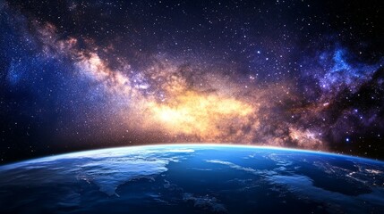 Obraz premium Milky Way rising above Earth's horizon, astronaut gear in foreground, showcasing cosmic wonder. 