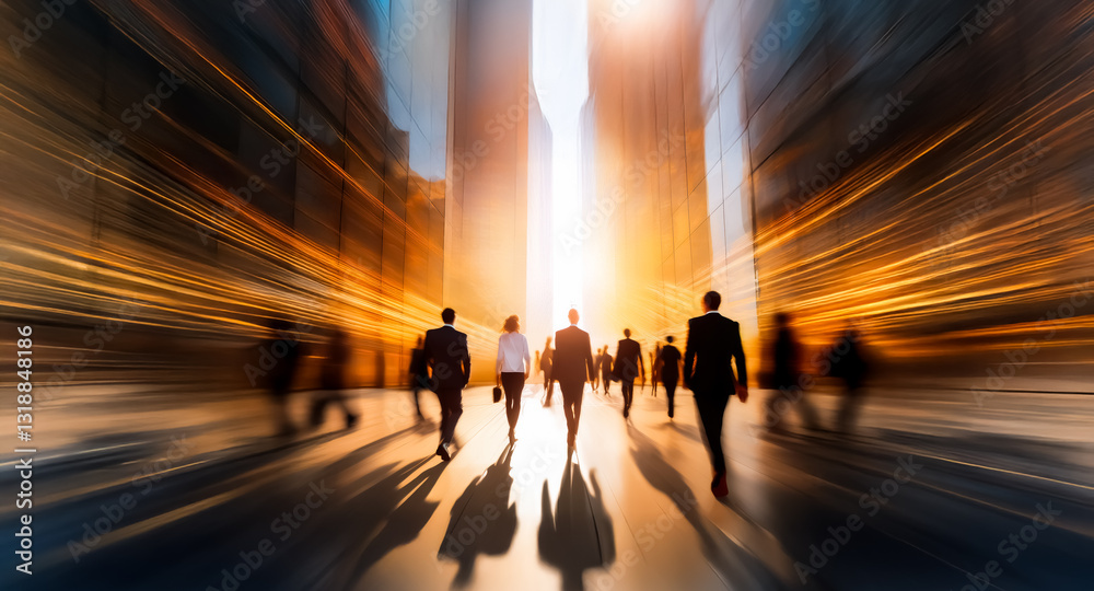 Poster Silhouetted figures walk with motion blur toward a bright light in a city street.  The scene conveys a sense of forward movement and urban dynamism.