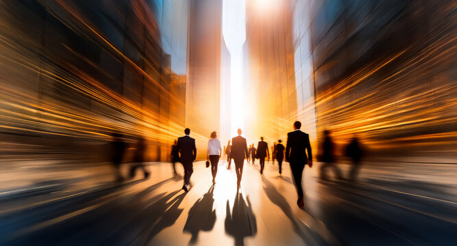 Silhouetted figures walk with motion blur toward a bright light in a city street.  The scene conveys a sense of forward movement and urban dynamism.