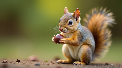 Obraz premium cute squirrel holds tiny acorn carefully small furry
