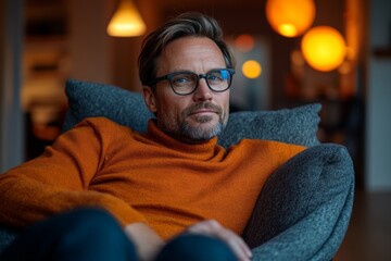 Fototapeta premium Cozy indoor setting with a man in an orange sweater relaxing in a modern chair during evening hours