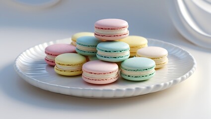 Obraz premium Colorful Assorted Macarons on White Plate - Delicious French Pastries in Pastel Colors - Perfect for Dessert Lovers, Tea Parties, and Elegant Celebrations