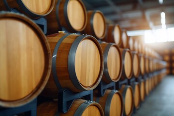 Wine barrels aging in cellar, row background, distillery, alcohol industry use