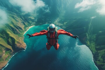 Skydiving adventure over stunning ocean and mountains at sunset reveals breathtaking views and adrenaline rush