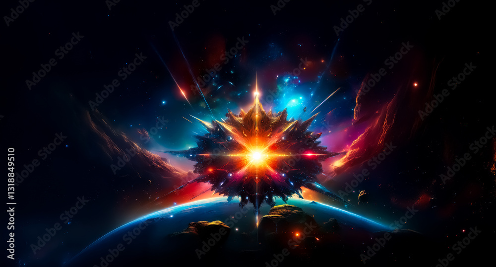 Poster a luminous cosmic entity radiates light above a planet, set against a backdrop of dark space filled 