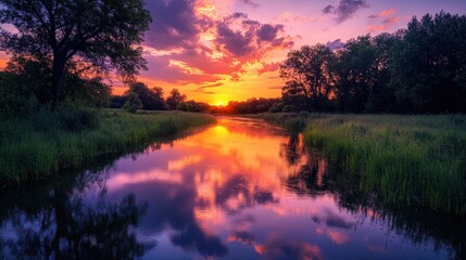 Vibrant sunset hues mirror on a serene river as the sun dips below the horizon. Wispy clouds adorn an ethereal mix of oranges, pinks, and purples in the sky