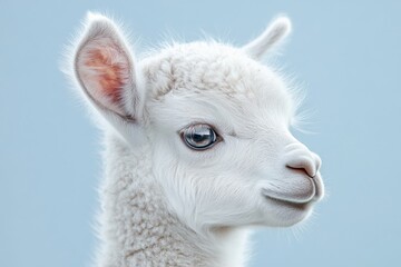 Obraz premium Cute white baby goat with fluffy fur and bright blue eyes posing against a soft blue background during daylight