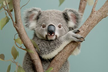 Obraz premium Koala rests comfortably on a tree branch while curiously observing its surroundings in a tranquil setting