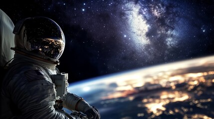 Milky Way rising above Earth's horizon, astronaut gear in foreground, showcasing cosmic wonder.
