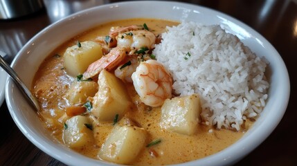 Delicious shrimp stew served with white rice and fresh herbs in a rustic bowl on a wooden table