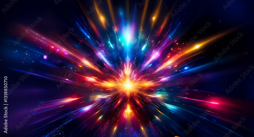 Fototapete Abstract burst of vibrant light rays exploding from a central point against a dark backdrop. Colorful streaks create a dynamic and energetic visual.