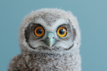 Naklejka premium Adorable young owl with striking orange eyes perched against a soft blue background in a natural setting