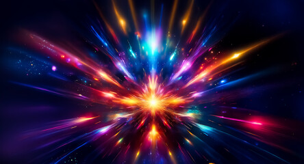 Naklejka premium Abstract burst of vibrant light rays exploding from a central point against a dark backdrop. Colorful streaks create a dynamic and energetic visual.
