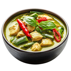 A Bowl of Thai Green Chicken Curry with Coconut and Basil Isolated on Transparent Background
