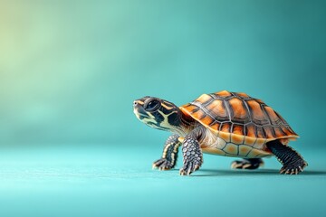 Obraz premium Colorful turtle exploring a turquoise surface in a bright, indoor environment