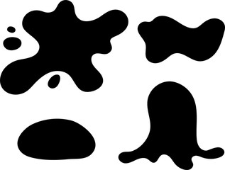 Irregular amorphous liquid shapes, black organic fluid blot, simple ink stain isolated on white background. Random flowing forms. Flat style design, vector illustration.