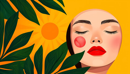Illustration of woman with red lips and sun protection her cheek, surrounded by leaves and sun, promoting skincare awareness