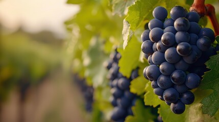Local Brewery Beer & Wine Concept, Close-Up of Fresh Grape Clusters Hanging from Vines in Vineyard Under Soft Natural Lighting