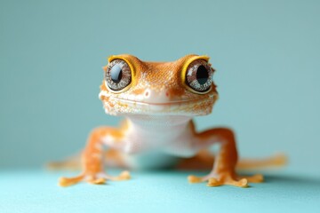 Close-up of an orange gecko on a teal background showcasing its unique features and vibrant colors