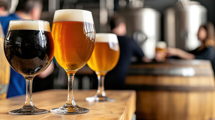 Naklejka premium Local Brewery Beer & Wine Concept, Patrons Enjoying Craft Beers in a Vibrant Taproom with Brewing Equipment in the Background