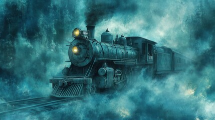 Obraz premium A powerful locomotive engine on a textured dark blue background, industrial feel.