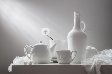 White still life with white dishes on a white background