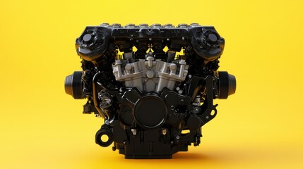 Fototapeta premium A powerful V engine displayed on a bright yellow background, sharp mechanical details.