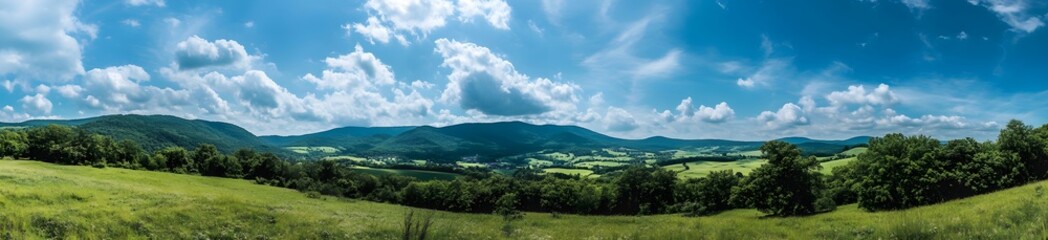 Panoramic photo of beautiful green mountains in the Alps, with a blue sky and white clouds. 